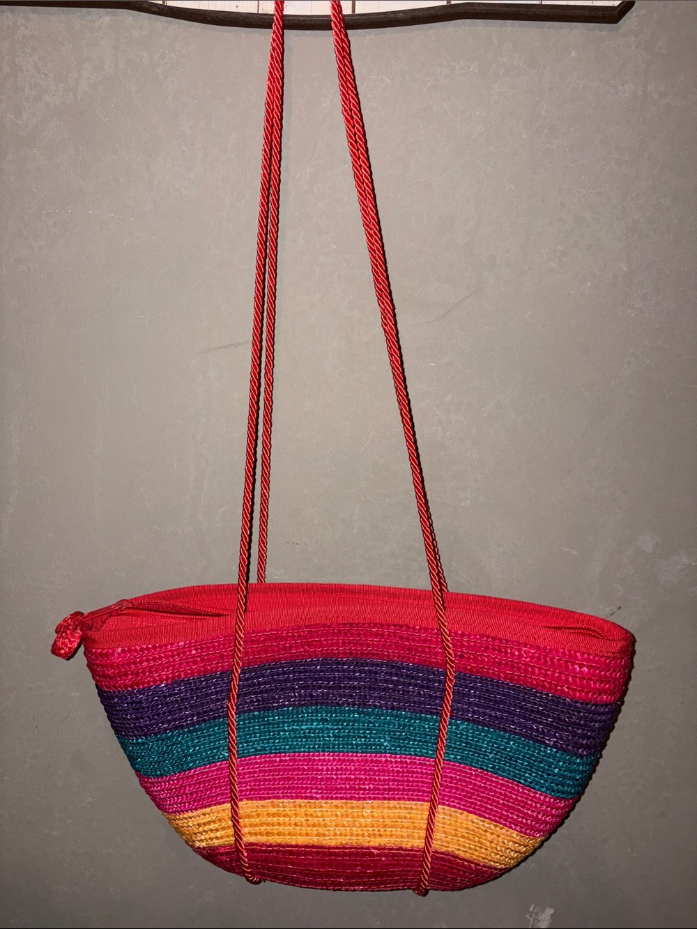 Colorful Striped Straw Crossbody Bag - Red